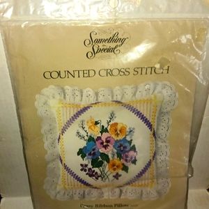 Candamar Vintage Counted Cross Stitch Kit NWT New 50118 Pansy Ribbon Pillow 1983